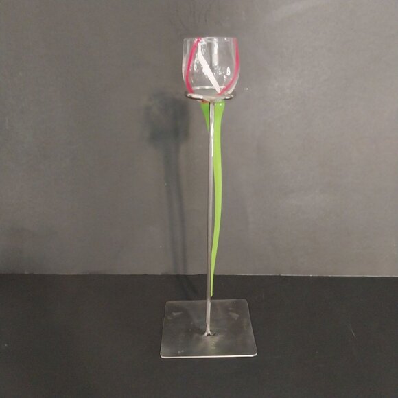 Hand Blown Glass Long Stem Flower Inspired Decor With Stand - Picture 4 of 6